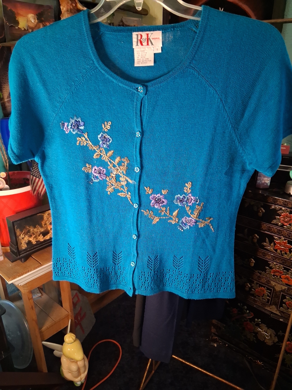 R&K Teal Short-Sleeve Floral Embroidered Cardigan